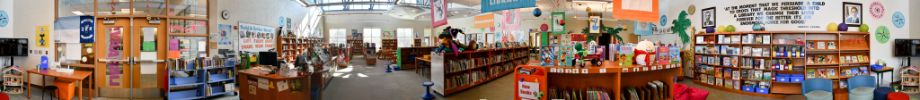 Panoramic view of the Northside Elementary School library space
