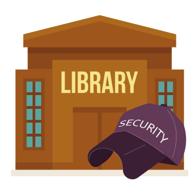 Library building with a security guard hat in front