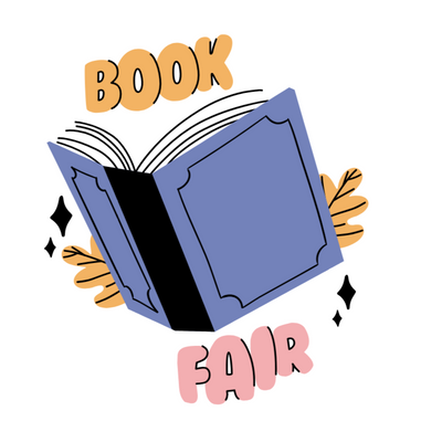 Clip art of an open book with text reading Book Fair
